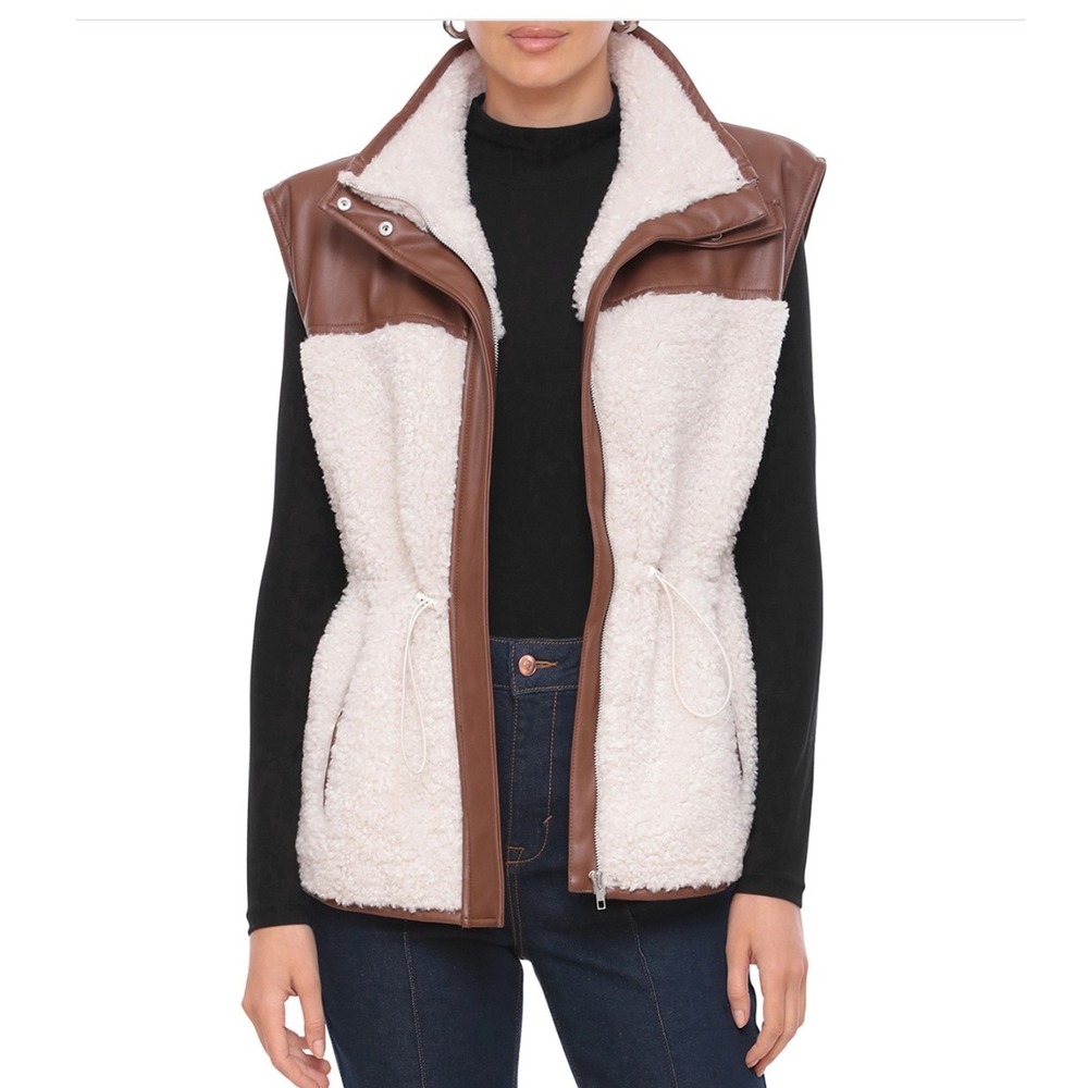 BAGATELLE Faux Shearling Mixed Media Vest Cocoa Dust Sherpa Leather Trim‎ Size L
